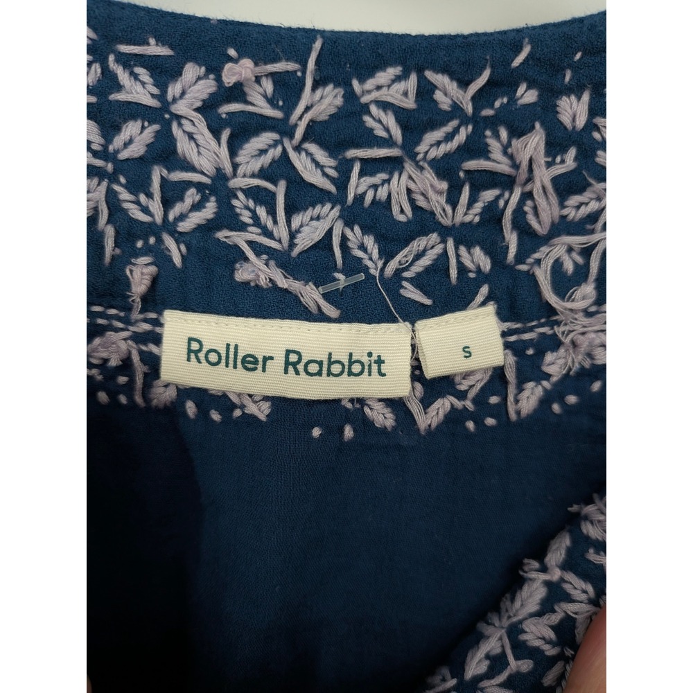 Roller Rabbit Embroidered Tunic Dress Women Small Blue Cotton V-Neck Cap Sleeve - Picture 4 of 7